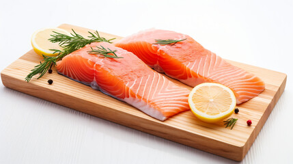 Raw salmon fillets with lemon and rosemary on a wooden table. Neutral background.

Generative AI.
