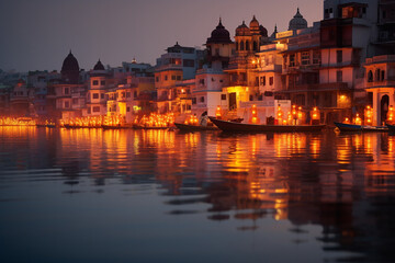 Fototapeta na wymiar Reflection of illuminated homes on a tranquil river, Diwali, the triumph of light and kindness Generative AI
