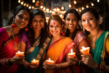 Group of women dressed in colorful attire for Diwali celebrations, Diwali, the triumph of light and kindness Generative AI - obrazy, fototapety, plakaty