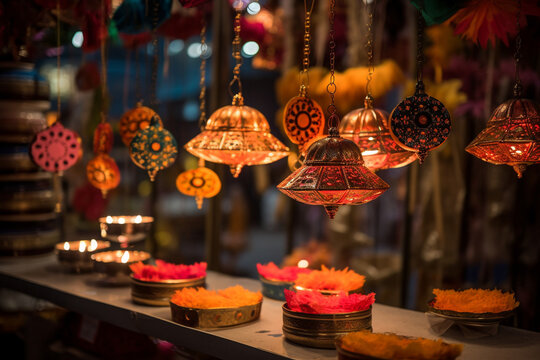 Traditional Diwali decorations adorning a marketplace, Diwali, the triumph of light and kindness Generative AI