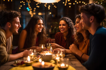 Obraz na płótnie Canvas Group of friends enjoying a festive Diwali meal, Diwali, the triumph of light and kindness Generative AI