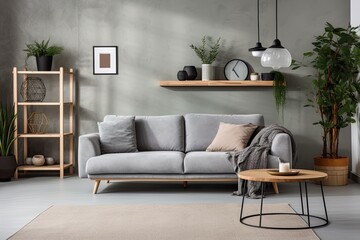 Scandinavian home interior with modern sofa, table, plant, lamp, carpet, plaid, pillow, shelf, decor in stylish staging.