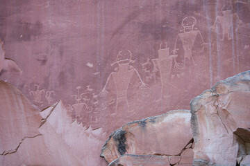 Torrey, Utah, United States – A detailed view of the Fremont Petroglyphs, ancient Puebloan...