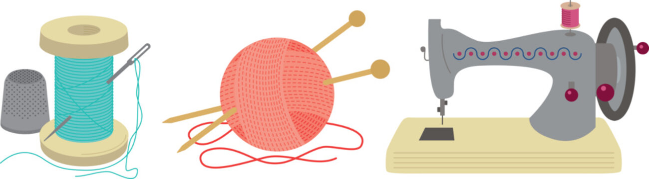 Colorful sewing and needlework logos. Vector illustration of a ball of threads and knitting needles, a sewing machine, a spool of thread and a needle.