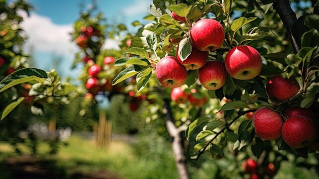 Apple orchard, sunny day, apple harvest. AI generation