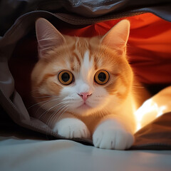 little orange kitten sleeping in a cloth bag generative ai