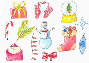 new year, new year's set, Christmas, vacation, gifts, snowman, watercolor set 
