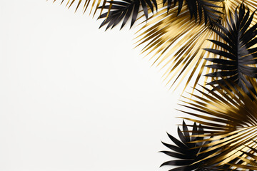 Fototapeta premium Gold and black flat lay of tropical palm leaf branches on a white background. Space for text, copy, or lettering.Generative AI.
