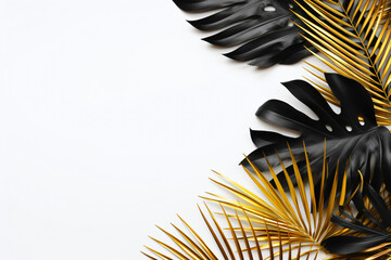 Gold and black flat lay of tropical palm leaf branches on a white background. Space for text, copy, or lettering.

Generative AI.