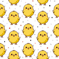 Seamless vector pattern with cute yellow baby chicks. Cartoon, doodle style. Little bird isolated on white. Illustration for spring holidays in cute hand drawn style. Meat production, bird breeding. 