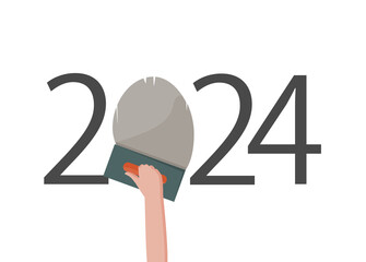 happy new year 2024. 2024 with hand holding a trowel plastering
