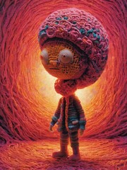 A cartoon boy made of wool surrounded with wool