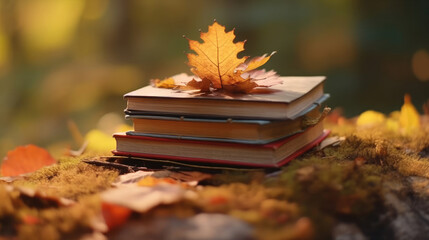 Close-up shot of stacked books with fallen leaves on books in autumn