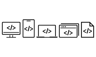 Browser Computer laptop app program code development icon, coding screen. IT technology, website button,, software vector illustration