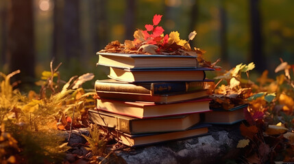 Naklejka na ściany i meble Close-up shot of stacked books with fallen leaves on books in autumn