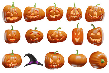 Halloween. Pumpkin icon set and witch hat.3d rendering