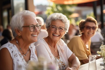 outdoor cafe on a sunny summer evening Retirement woman having fun outdoors Retirement hobbies and leisure activities for the elderly
