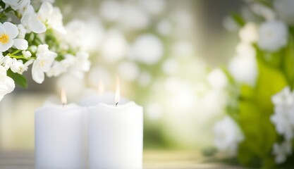 White Flowering Branch and Candle Lights: Serene Garden Ambiance for Contemplative Atmosphere and Floral Decoration. 