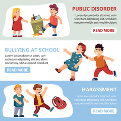 bully kids banners. school bullying situations horizontal banners, classmates violent mockery concept, conflicts between children. vector cartoon banners.