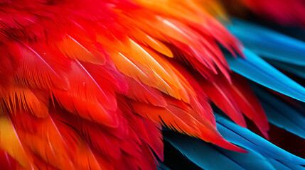 Obraz premium Closeup of a vibrant parrot. Background of parrot feathers showcasing a red and blue exotic texture.Generative AI.