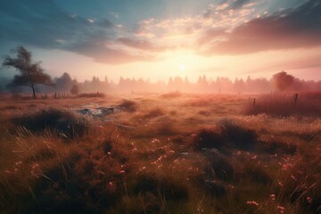 Autumn sunrise with pink sky over a picturesque meadow. Generative AI