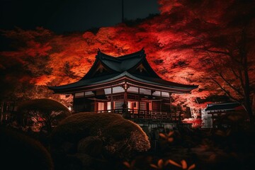 Autumnal nightfall at Rurikoin temple in Kyoto with blazing red foliage. Generative AI