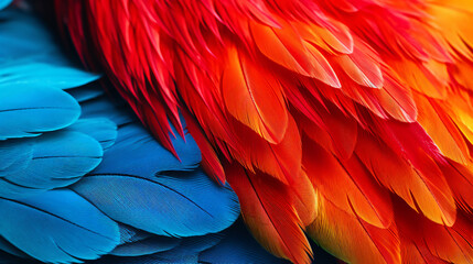 Fototapeta premium Closeup of a vibrant parrot. Background of parrot feathers showcasing a red and blue exotic texture.Generative AI.
