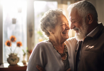 Happy older couple smiling at home