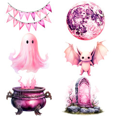 Watercolor pink halloween set collection with banner, full moon, ghost, bat, cauldron and cemetary stone clipart isolated on transparent background.