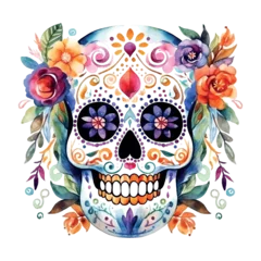 Foto auf Acrylglas Aquarellschädel Day of the dead Colorful mexican skull with flowers watercolor illustration on white background