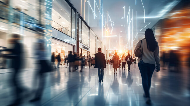 Background with a blur of a contemporary shopping mall featuring a few consumers. Shoppers strolling through the mall, evident motion blur. Abstractly blurred shoppers carrying shopping bag. Gen. AI
