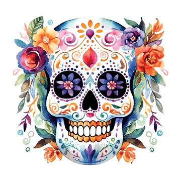 Day of the dead Colorful mexican skull with flowers watercolor illustration on white background