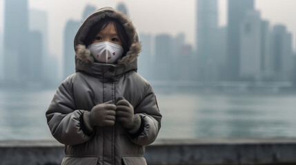 A girl wears a mask to protect herself from smog and pollution from factories and cars in cities.