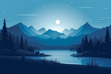 Fototapeta na wymiar Flat style abstract minimalistic aesthetic mountains landscape background. Blue color shades.
