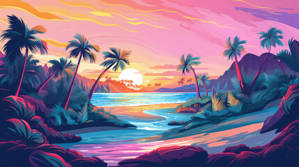 Fototapeta na wymiar Summer tropical beach landscape background. Exotic paradise beachside on sunset.
