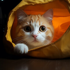 little orange kitten sleeping in a cloth bag generative ai