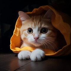 little orange kitten sleeping in a cloth bag generative ai