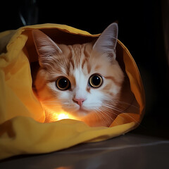 little orange kitten sleeping in a cloth bag generative ai