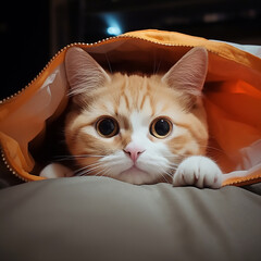 little orange kitten sleeping in a cloth bag generative ai