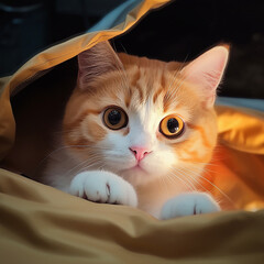 little orange kitten sleeping in a cloth bag generative ai
