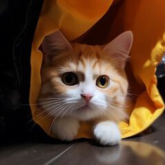 little orange kitten sleeping in a cloth bag generative ai