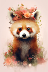 Cute panda red portrait with flowers crown. Watercolor baby animal print. Beautiful wildlife animal cartoon drawing poster. Funny mammal character nature wild. include "Generative AI"