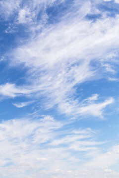 Beautiful Soft Gentle Cloudy Blue Sky With White Cirrus Clouds, Abstract Background Texture