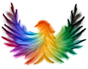 Rainbow-colored feathers arranged in the shape of a bird with spread wings, white background