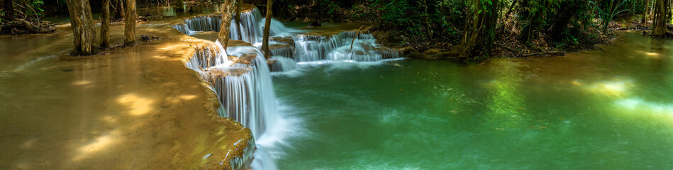 beautiful water fall and Leaf natural leaves and stream green forest in the mountain concept back...
