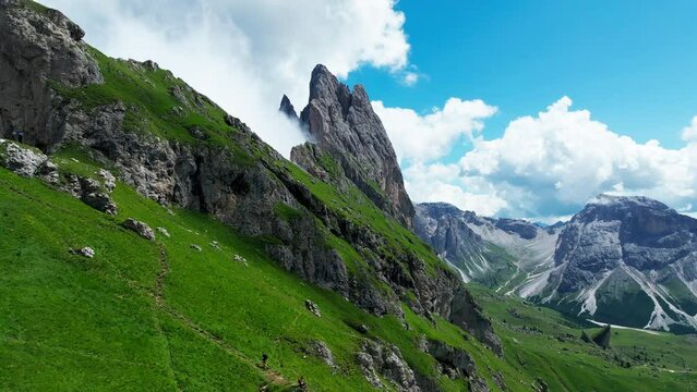 Aerial footage of Seceda in South Tyrol, Dolomites, Italy