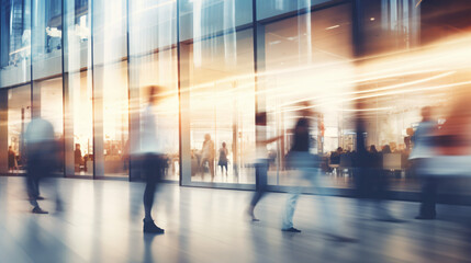 Fototapeta premium Background with a blur of a contemporary shopping mall featuring a few consumers. Shoppers strolling through the mall, evident motion blur. Abstractly blurred shoppers carrying shopping bag. Gen. AI