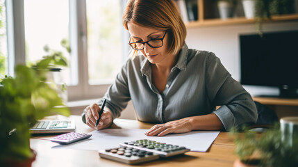 A female accountant carefully performs financial calculations on a calculator on her home office desk - obrazy, fototapety, plakaty