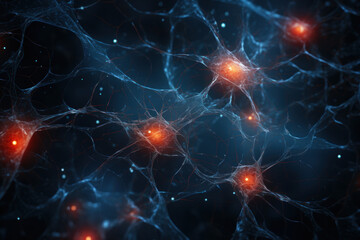 Close-up view of a vibrant neurons, intricately woven and extending dendrites with each other.