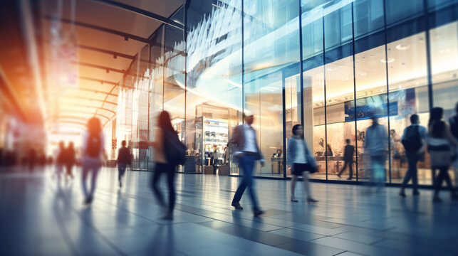 Background With A Blur Of A Contemporary Shopping Mall Featuring A Few Consumers. Shoppers Strolling Through The Mall, Evident Motion Blur. Abstractly Blurred Shoppers Carrying Shopping Bag. Gen. AI